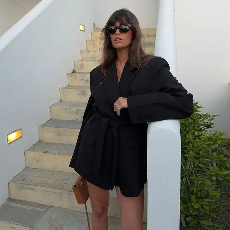 Deep V-Neck Notched Lapel Tie Waist Blazer Mini Dress - View 4