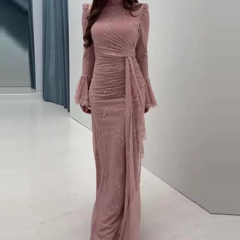 Elegant Turtleneck Lace Embroidery Long Sleeve Dress