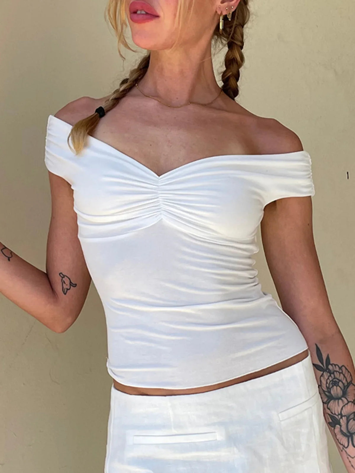 Off Shoulder Ruched V-Neck Cropped Tee Crop Top