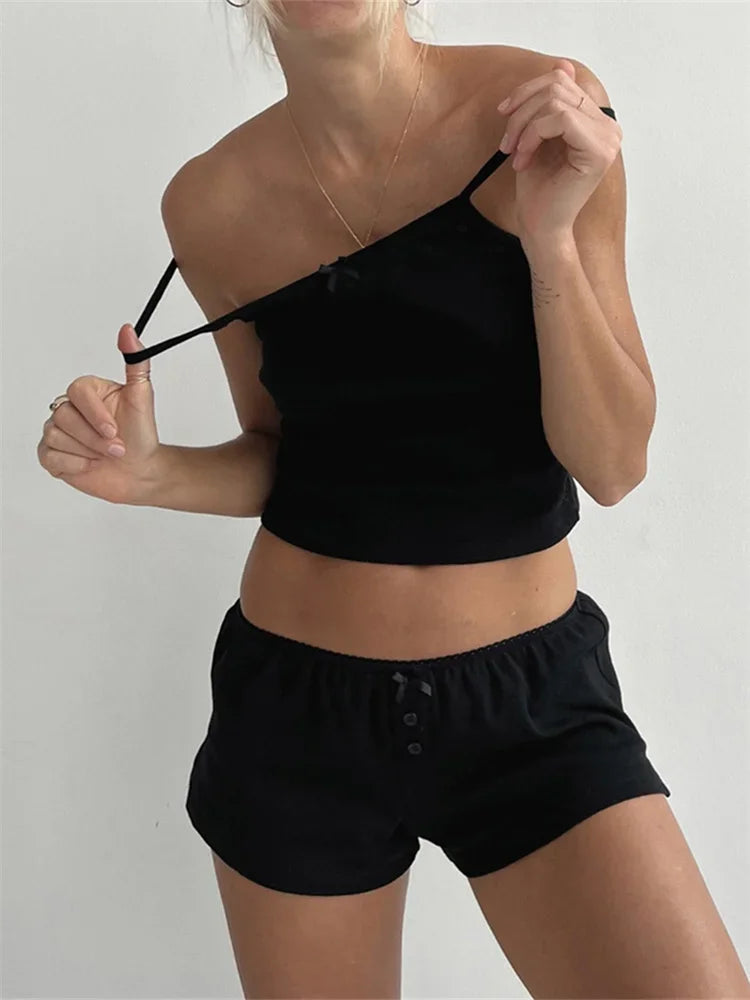 Lace Trim Eyelet Camisole Tank Top Two Piece Shorts Set