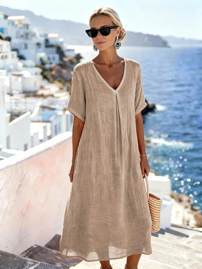 V-Neck Short Sleeve Linen Look Midi Dress 5