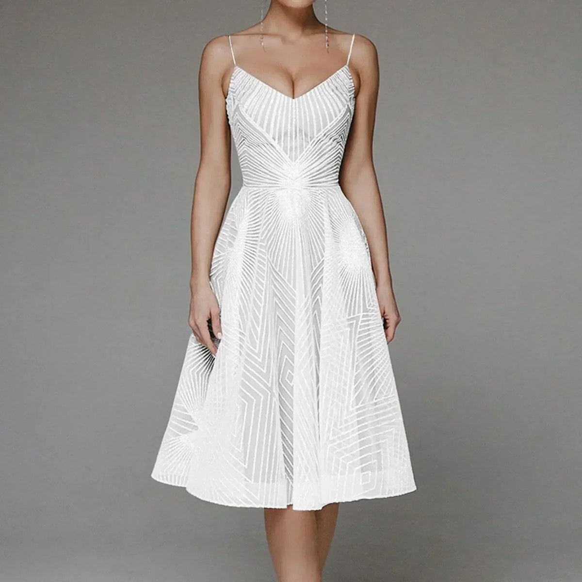 Mesh Overlay Spaghetti Strap Deep V-Neck Geometric Midi Dress - View 8
