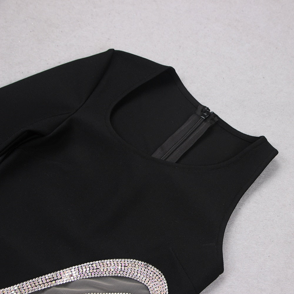One Shoulder Long Sleeve Rhinestone Cutout Asymmetric Mini Dress 7