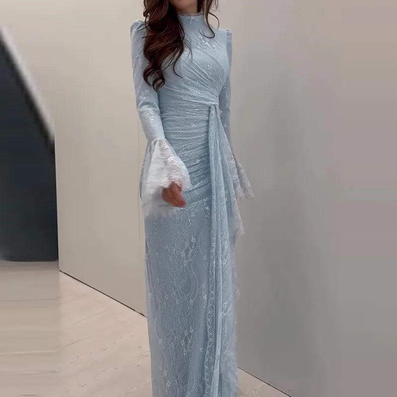 Elegant Turtleneck Lace Embroidery Long Sleeve Dress
