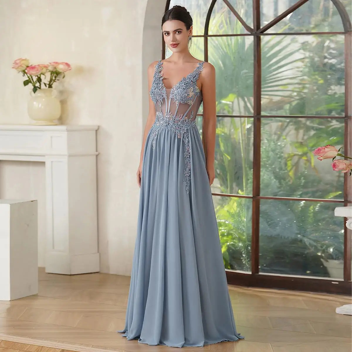 Elegant Navy Blue A-Line Evening Dress with Beaded Appliques - Fashionpara