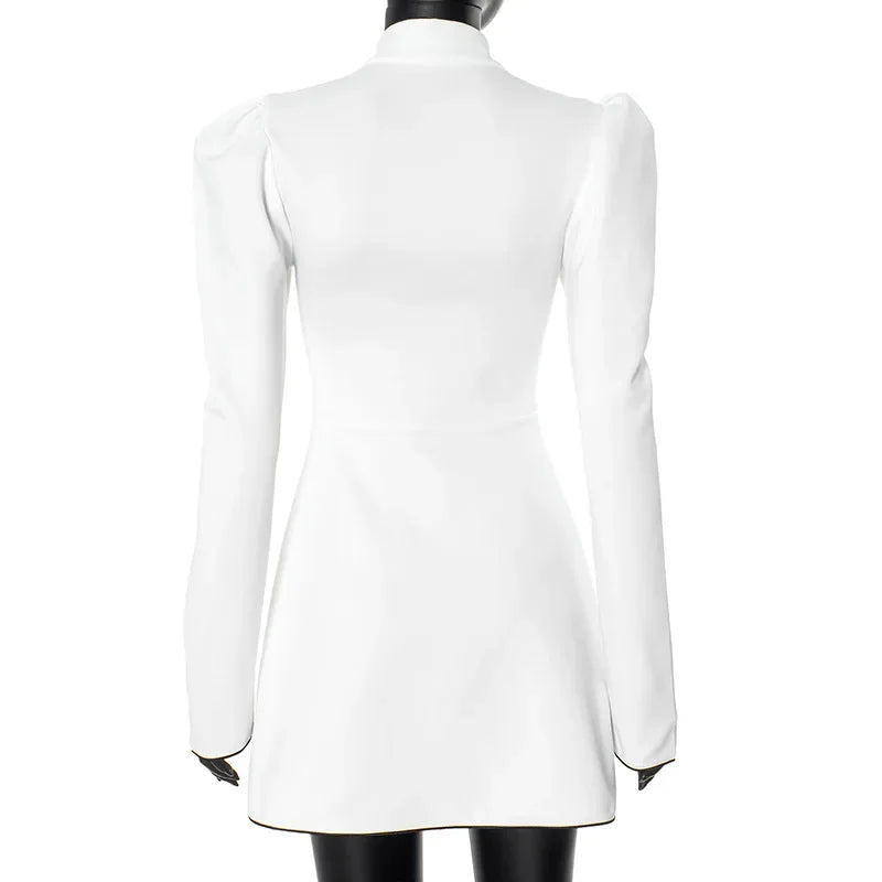 Stand Collar Keyhole Cut Out Puff Sleeve A-Line Mini Dress - View 4