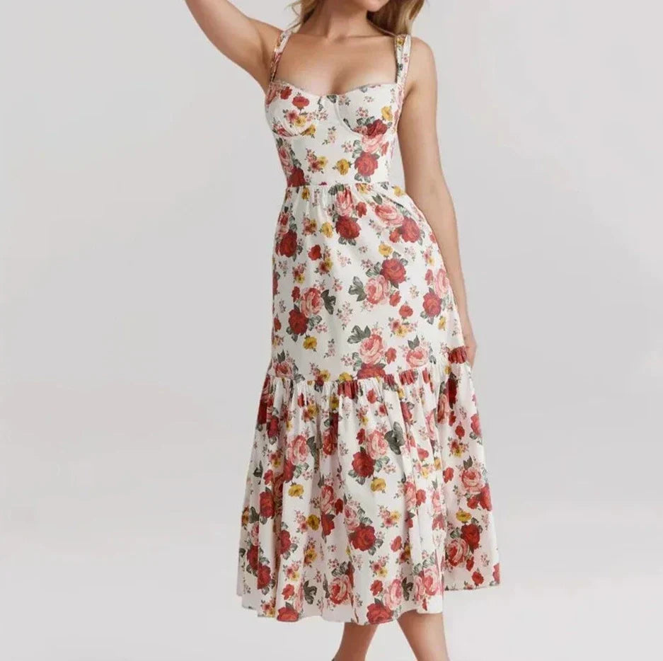 Floral Sweetheart Corset Tiered Ruffle Midi Dress
