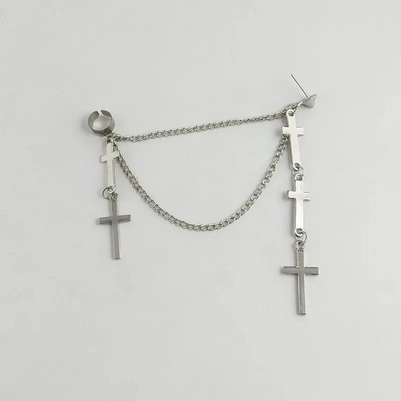 Genderless Punk Cross Fringe Chain Clip Earring