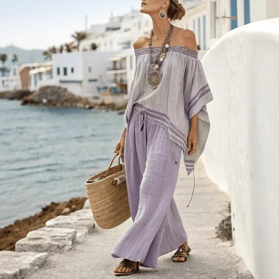 Off Shoulder Boho Top and Wide Leg Pants Two Piece Set