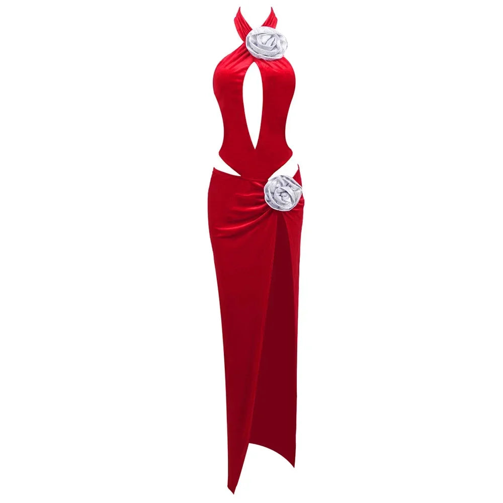 Velvet Halter Neck Cut Out 3D Flower High Split Maxi Dress - View 5