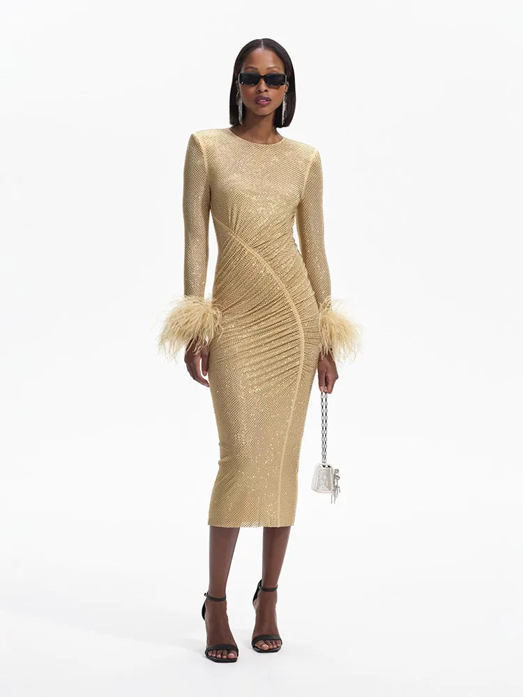 Feathers Rhinestone Folds Midi Dress - View 2