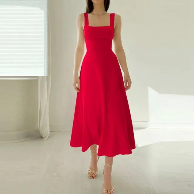 Square Neck Wide Strap Fitted Bodice A-Line Midi Dress - View 4