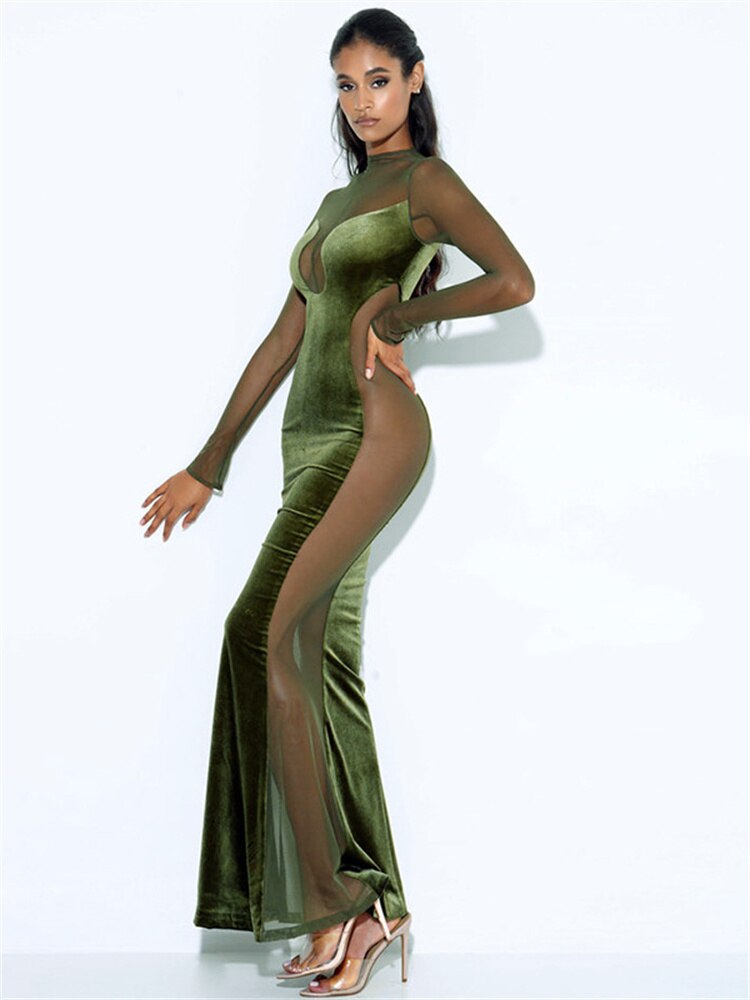 Velvet High Neck Long Sleeve Mesh Panel Mermaid Gown