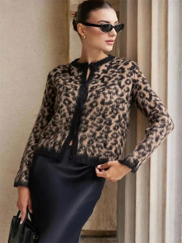 Leopard Contrast Knit Cardigan Coat