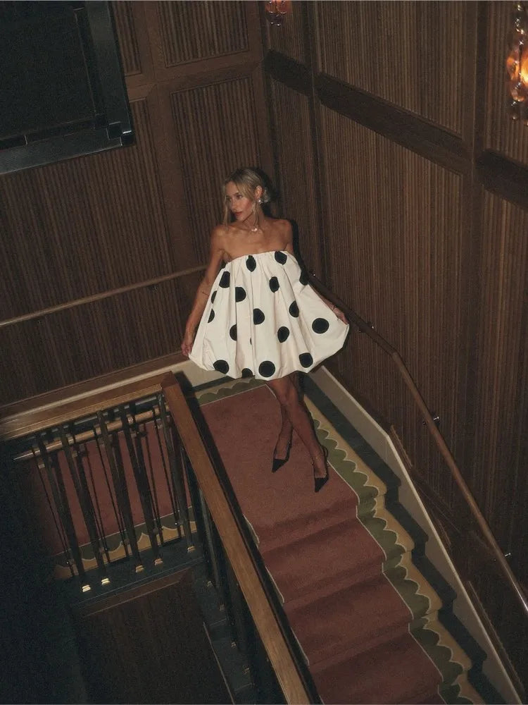 Polka Dot Strapless Pleated Party Dress - Fashionpara