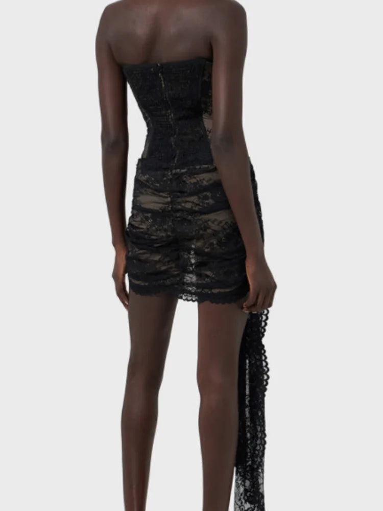 Lace-Up Corset Folds Draped Mini Lace Dress