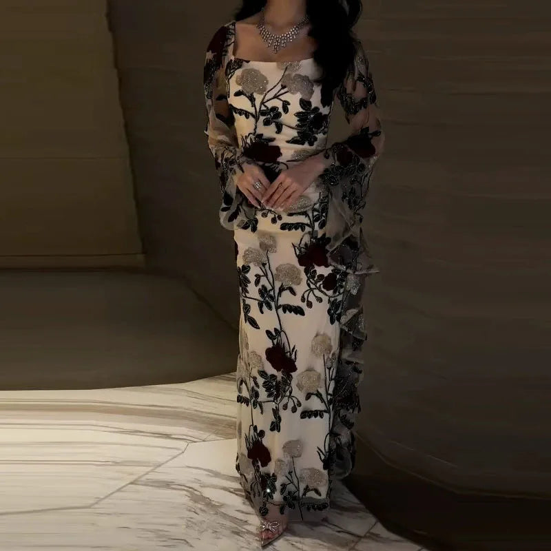 Elegant Black Rose Floral Long Sleeve Evening Dress for Women - Fashionpara