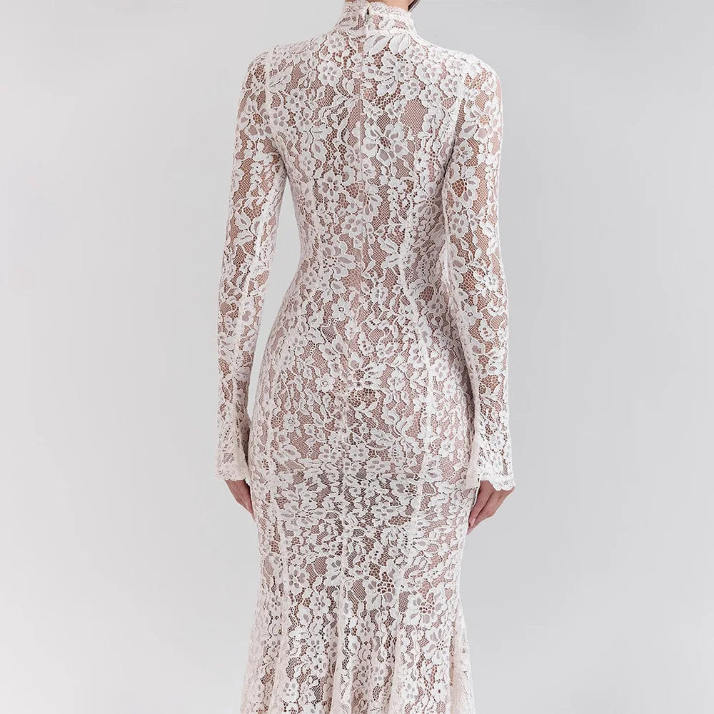 Floral Lace Mock Neck Long Sleeve Scalloped Cuff Bodycon Gown - View 8