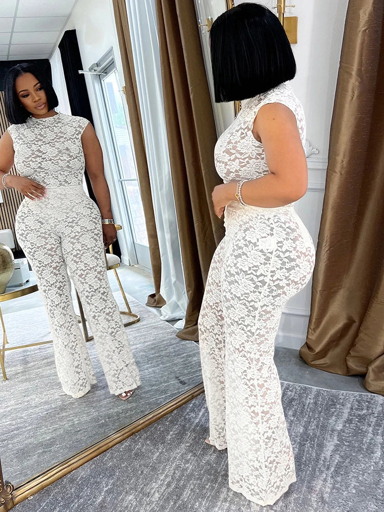 Mesh See Through Flared Two Piece Pants Set