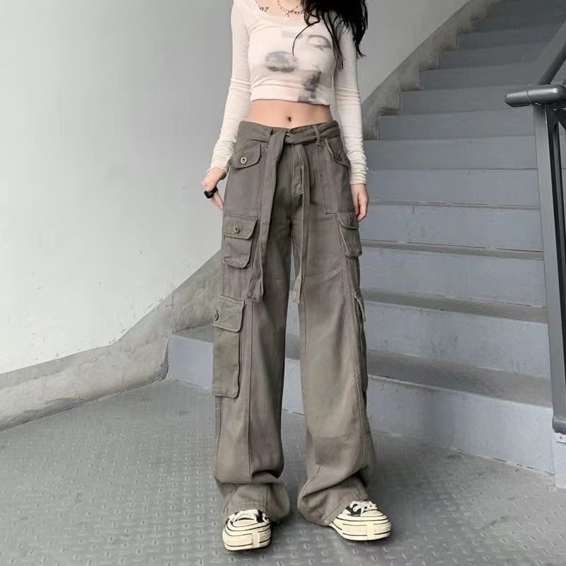 KittenAlarm - Mojoyce Hot Girl Cargo Pants Woman Elastic High Waist Big Pockets Trousers  Y2K Streetwear Hip Hop Drawstring Retro Baggy Jeans Femme