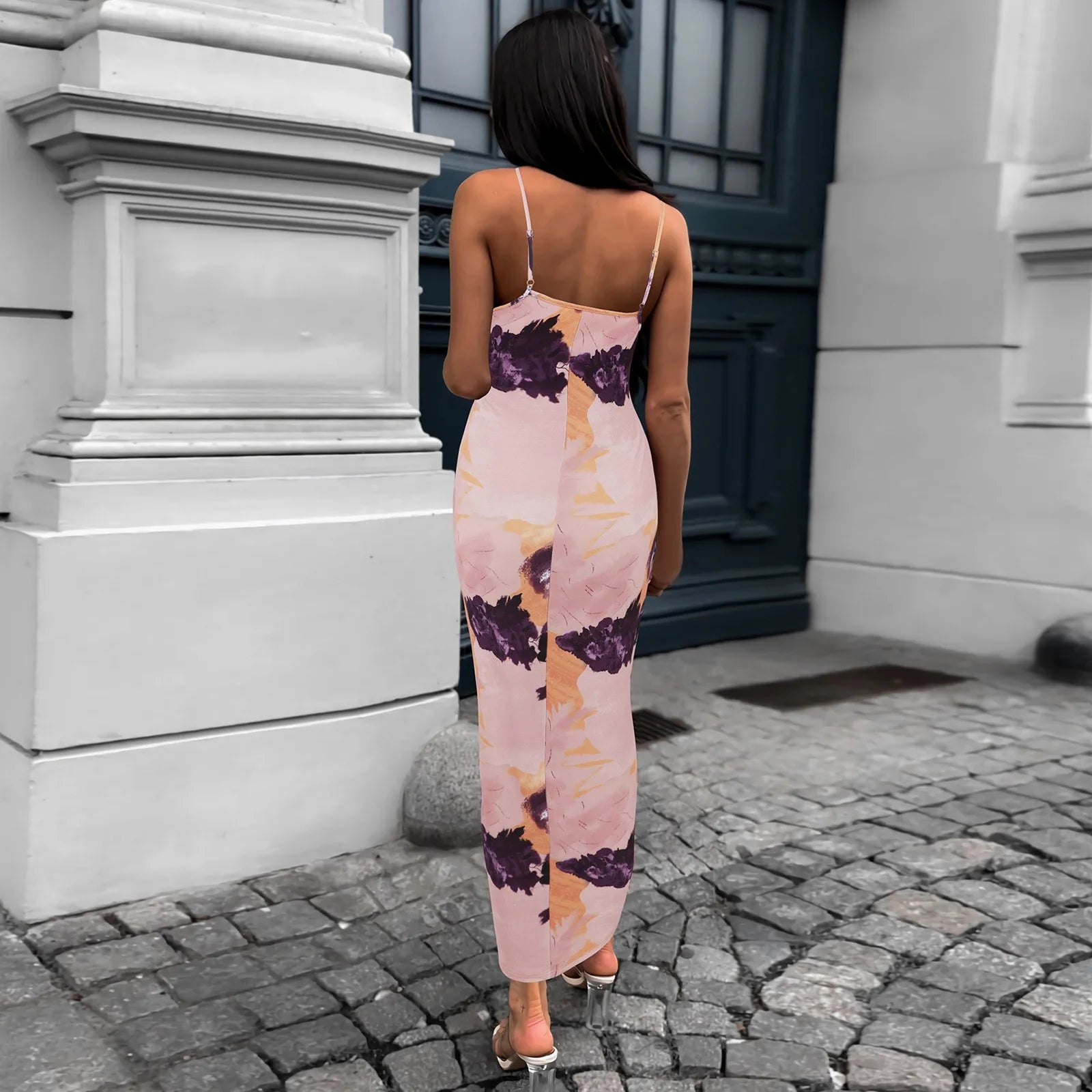 Slim Fit Bag Hip Print Long Sleeve Midi Dress - Fashionpara