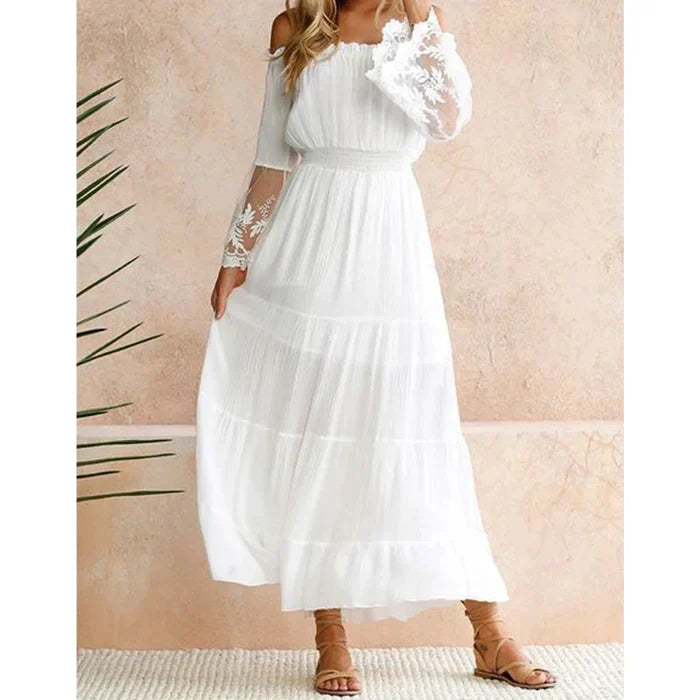 Off Shoulder Lace Bell Sleeve Smocked Tiered Chiffon Maxi Dress - View 8