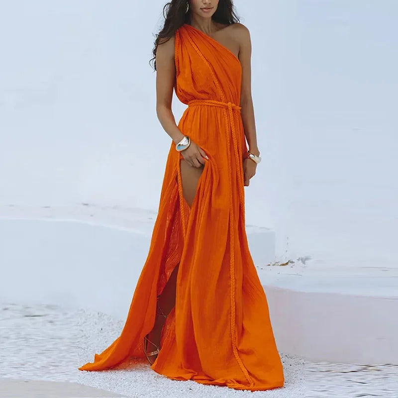 Braided Rope Trim One Shoulder Belted High Split Maxi Dress - View 24