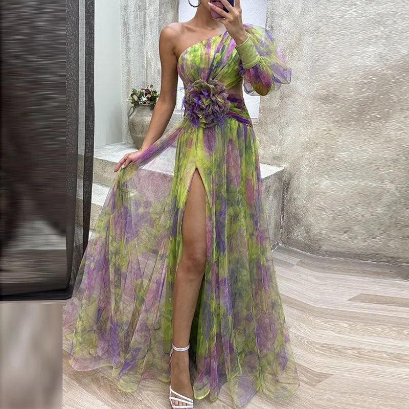 Floral One Shoulder Cut Out High Split Maxi Gown 5