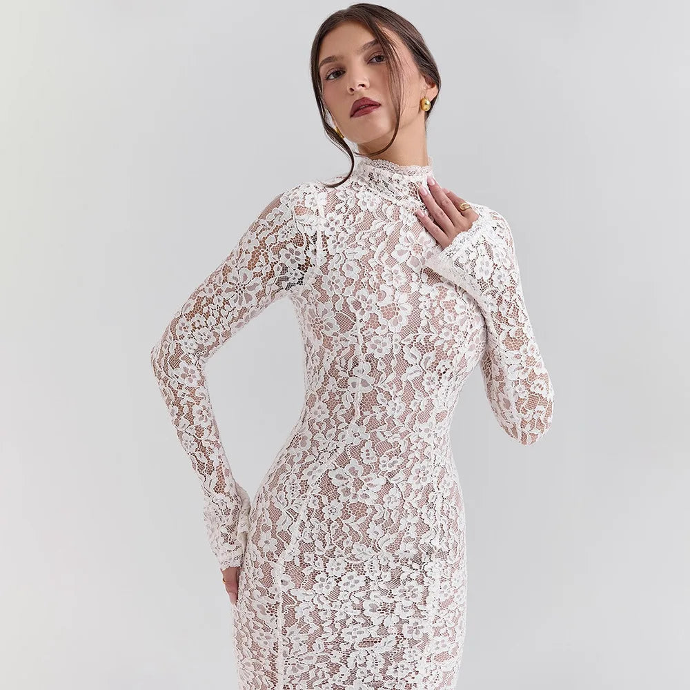 Floral Lace Mock Neck Long Sleeve Scalloped Cuff Bodycon Gown