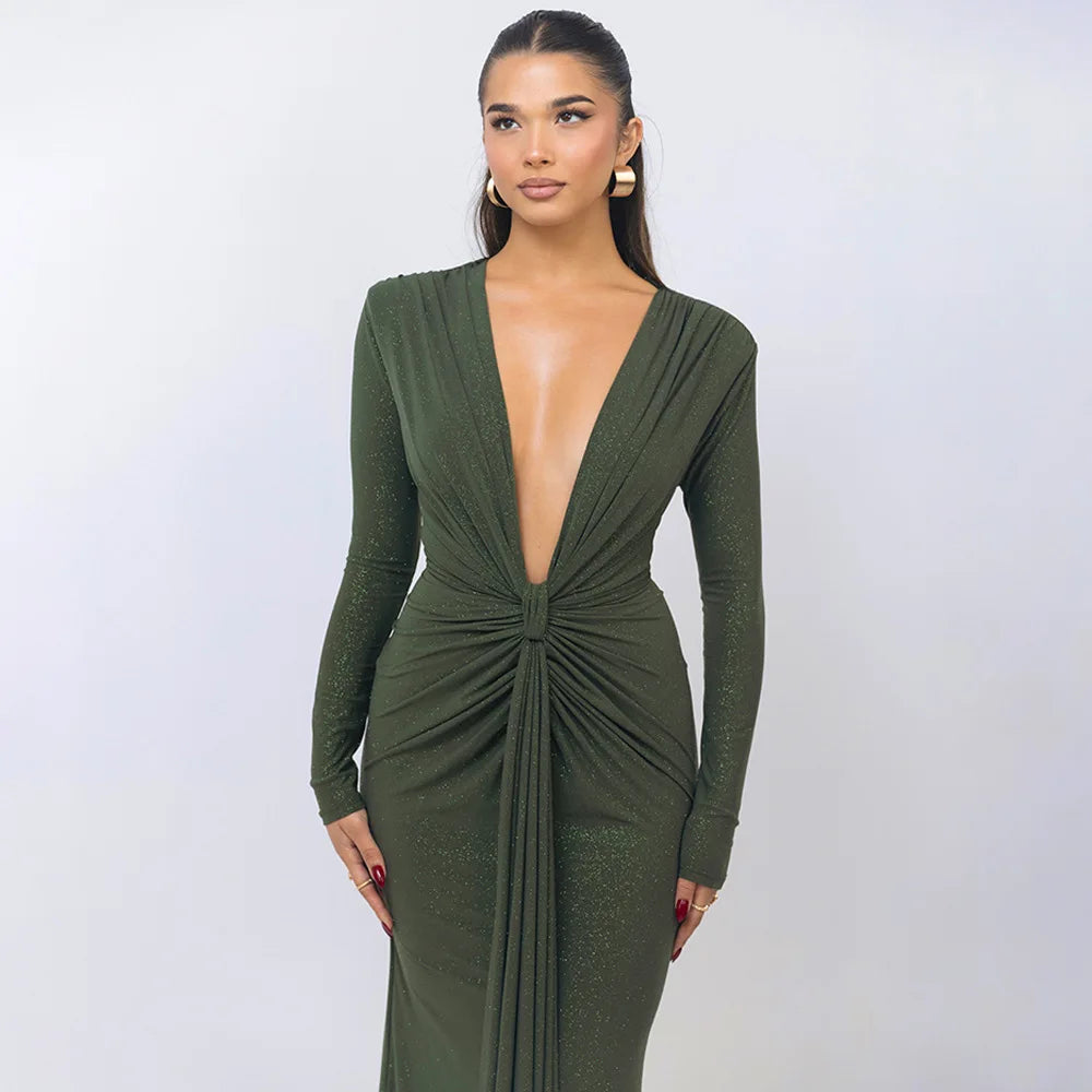 Elastic Deep V - Fold Lace Maxi Dress - View 23