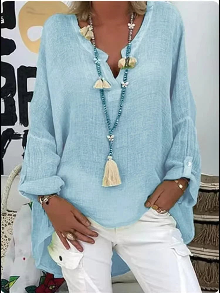 Notch Neck Long Sleeve Oversized Linen Blouse