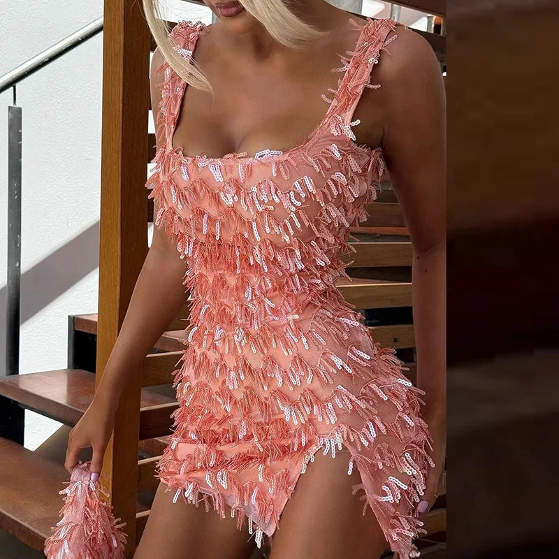 Elegant Off Shoulder Mini Dress with Sparkling Tassels