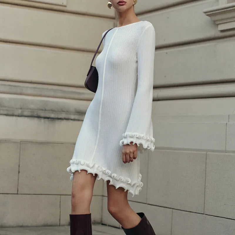 Elegant Ribbed Midi Dress with Flared Sleeves for Women