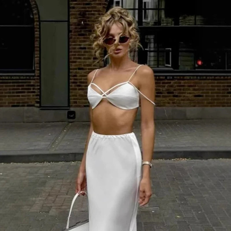 Fold One Shoulder Long Skirt Two Piece Set