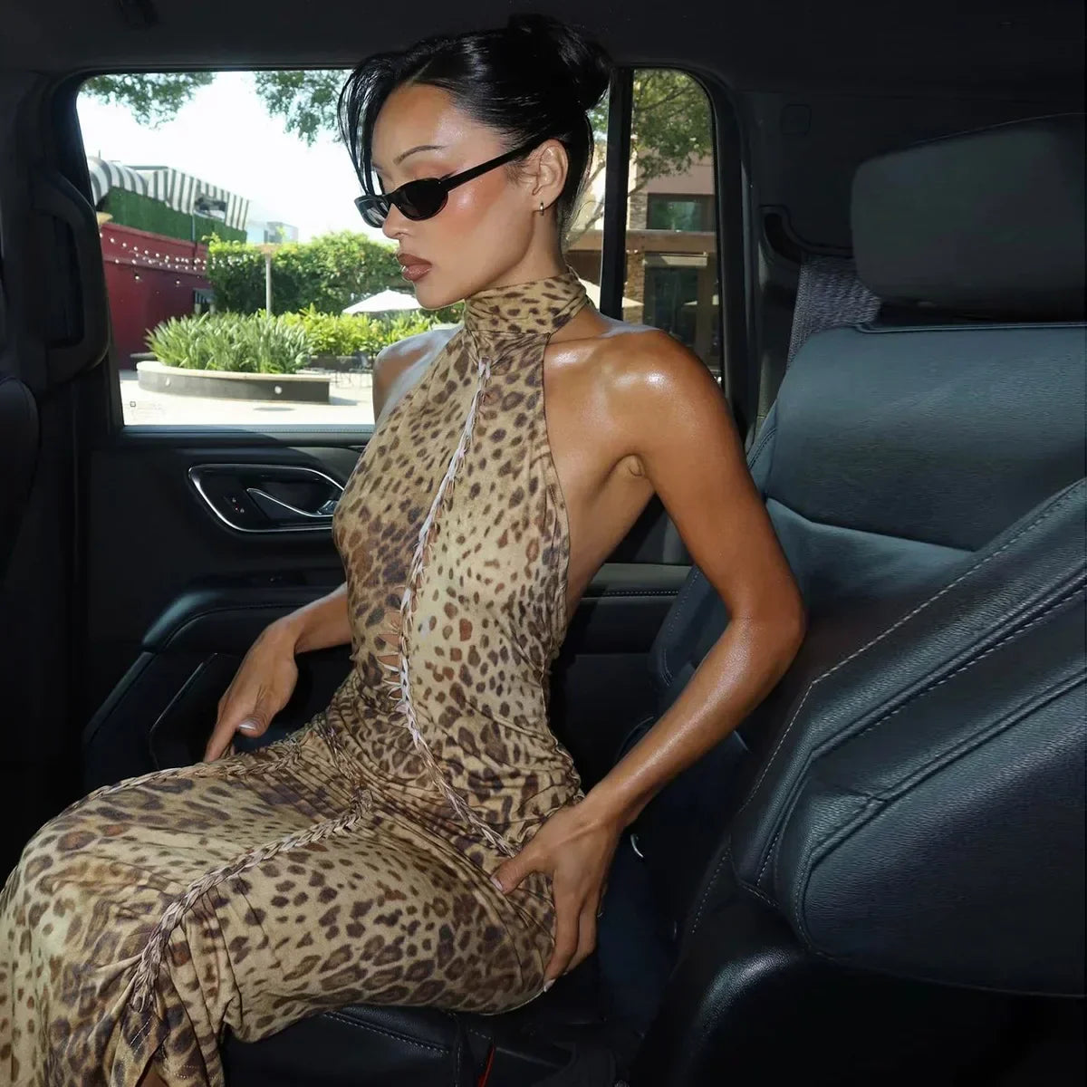 Leopard Print Halter Neck Lace Up Cut Out Ruched Bodycon Midi Dress - View 16