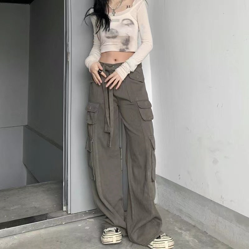 KittenAlarm - Mojoyce Hot Girl Cargo Pants Woman Elastic High Waist Big Pockets Trousers  Y2K Streetwear Hip Hop Drawstring Retro Baggy Jeans Femme