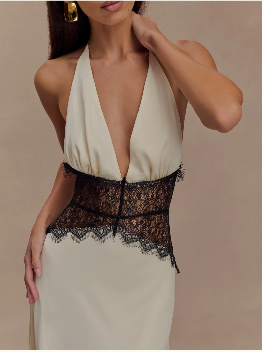 Satin Halter Neck Deep V-Neck Lace Panel Waist Maxi Gown - View 6
