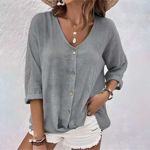 V-Neck Button Front Roll Sleeve Linen Look Blouse 2