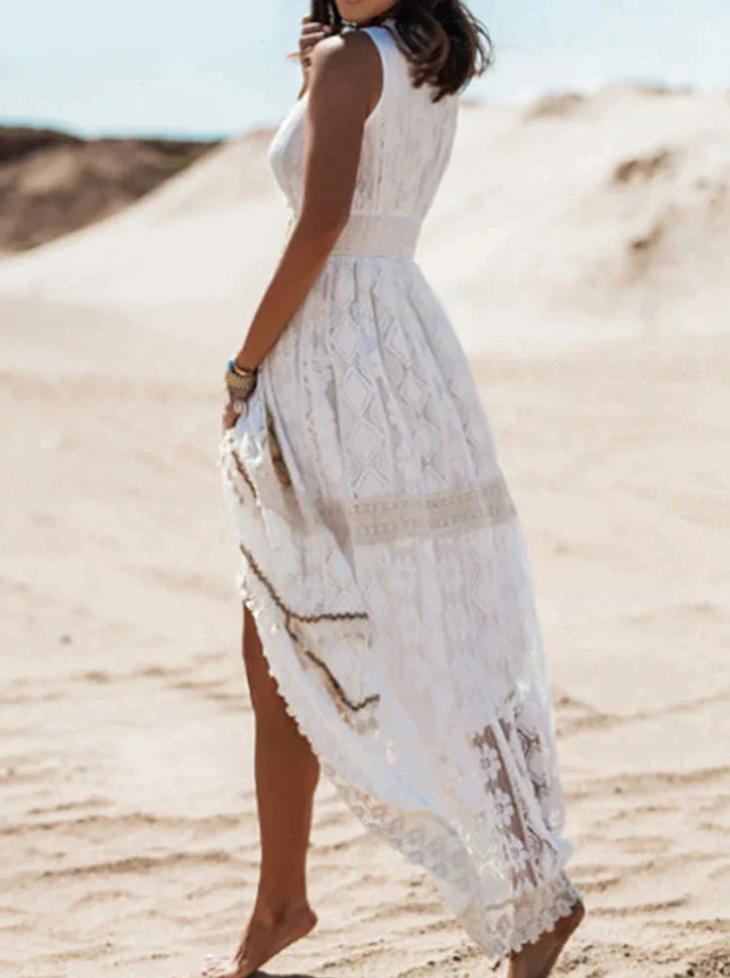 Crochet Lace Sleeveless Deep V-Neck Tassel High Split Maxi Dress - View 5