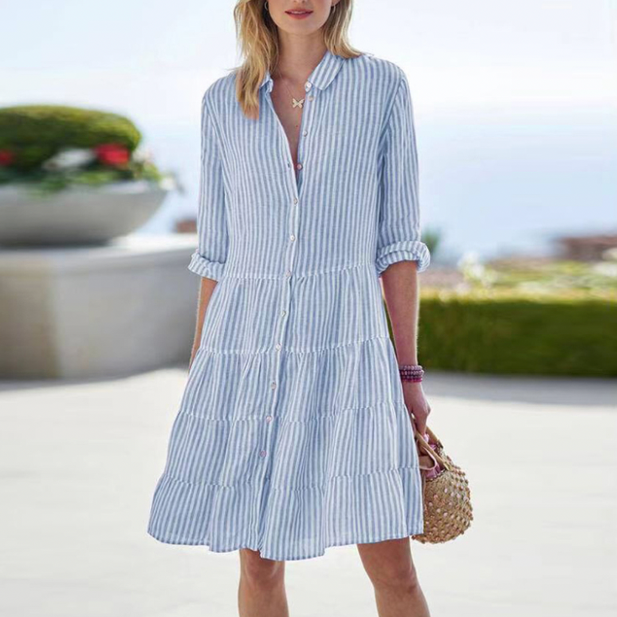 Striped Collar Button Front Tiered Long Sleeve Shirt Midi Dress - View 5