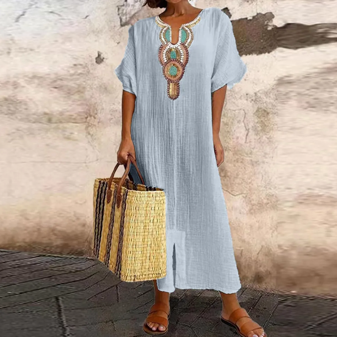 Embroidered Bib Deep V-Neck Short Sleeve Kaftan Maxi Dress - View 2