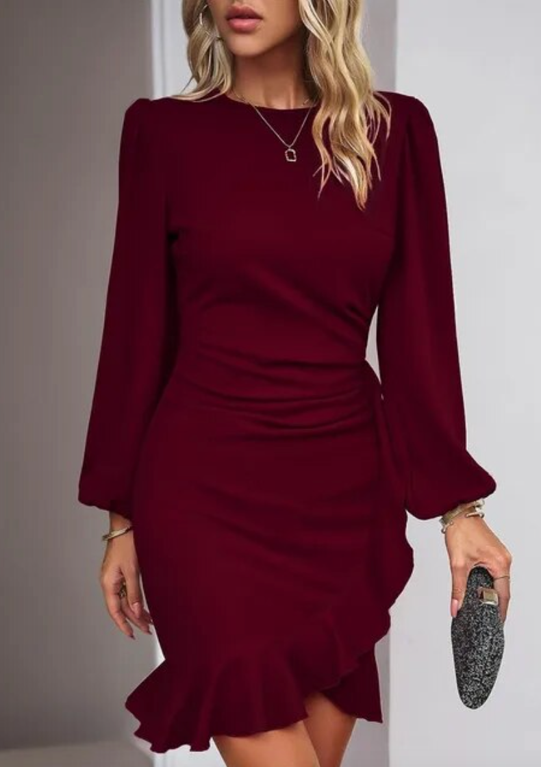 Bishop Sleeve Ruched Side Ruffle Hem Wrap Bodycon Mini Dress - View 6