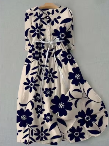 Floral Collared Button Front Tie Waist Midi Dress
