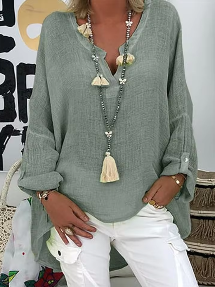 Notch Neck Long Sleeve Oversized Linen Blouse 6