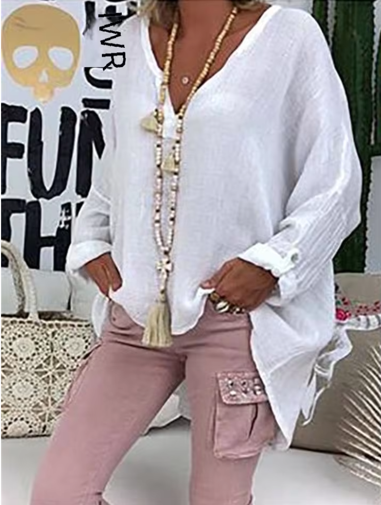 Notch Neck Long Sleeve Oversized Linen Blouse 4