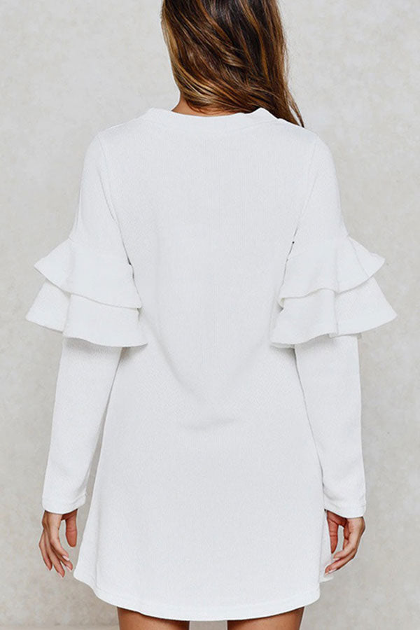 White Round Neck Ruffle Sleeve Dress