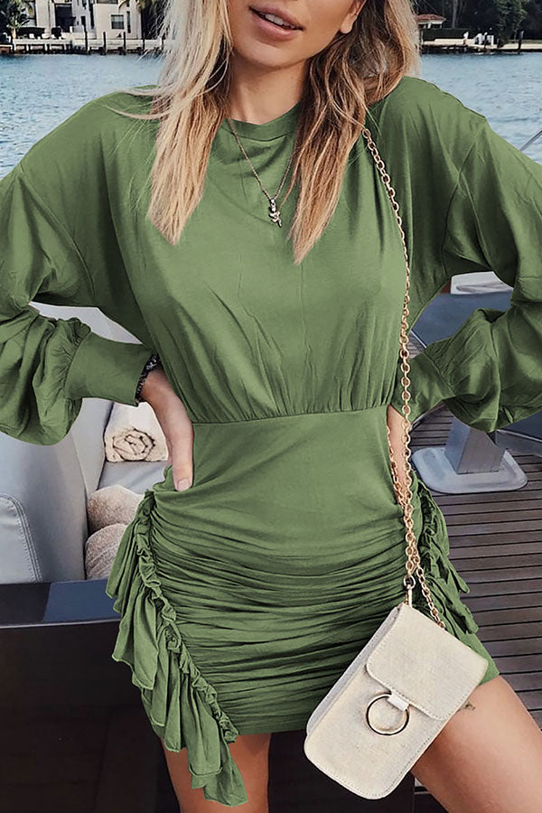 Scoop Long Sleeve Shirred Short Dress - Mislish