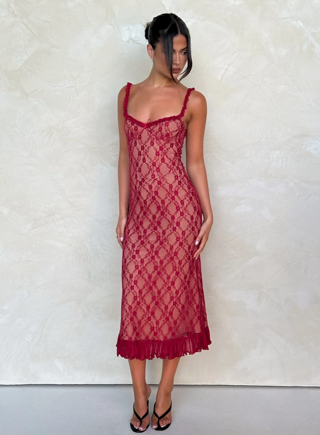 Lace Spaghetti Strap Scoop Neck Bow Trim Ruffle Hem Midi Summer Dress