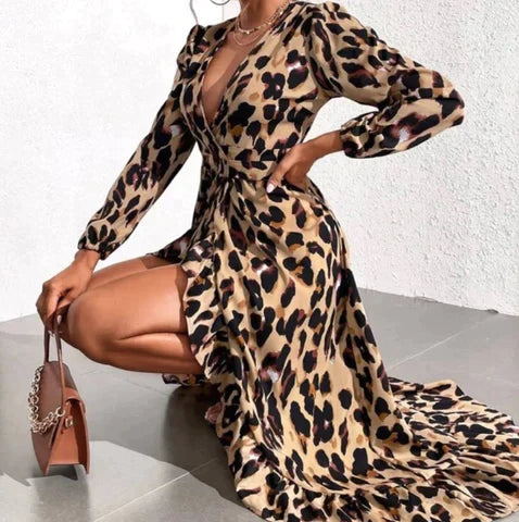 Leopard Print V-Neck Wrap Long Sleeve Ruffle Trim Midi Dress - View 4