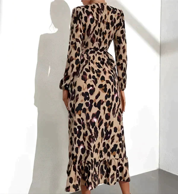 Leopard Print V-Neck Wrap Long Sleeve Ruffle Trim Midi Dress - View 3